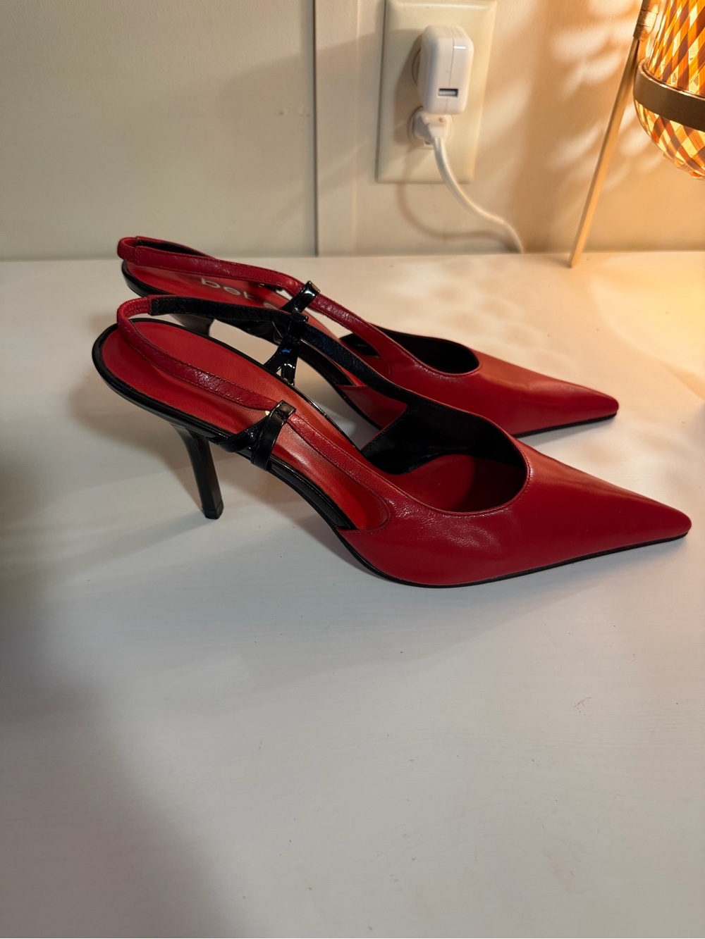 bebe Red Pointed Slingback Heels with Black Strap Detail